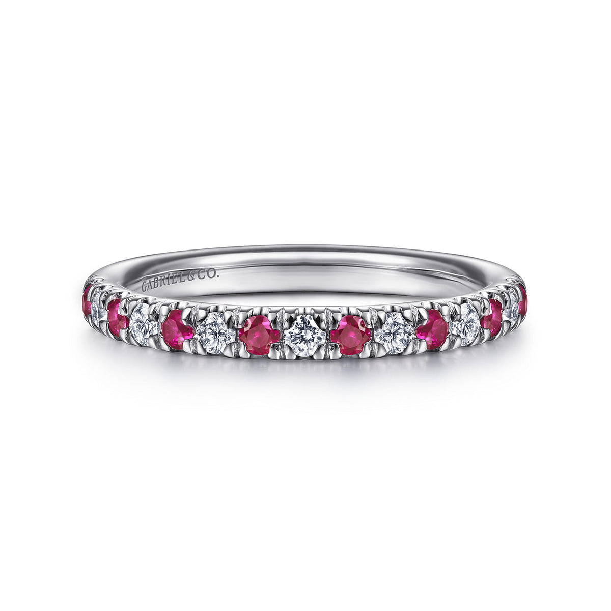 14K White Gold French Pavé Diamond and Ruby Anniversary Band — Gabriel & Co. AN14190W44RA