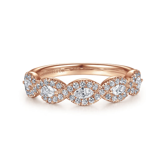 14K Rose Gold Round and Marquise Halo Station Diamond Anniversary Band — Gabriel & Co. AN15312K44JJ