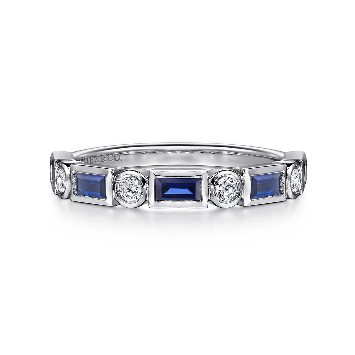 14K White Gold Bezel Set Baguette Sapphire and Round Diamond Anniversary Band — Gabriel & Co. AN16447W44SA