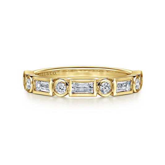 14K Yellow Gold Bezel Set Baguette and Round Diamond Anniversary Band — Gabriel & Co. AN16447Y44JJ