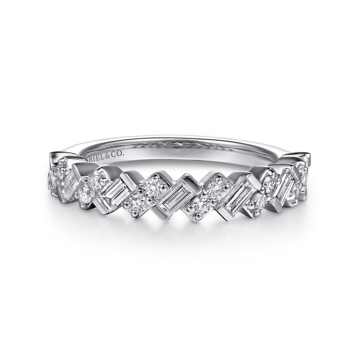 14K White Gold Beads Setting Baguette and Round Diamond Anniversary Band — Gabriel & Co. AN16922W44JJ