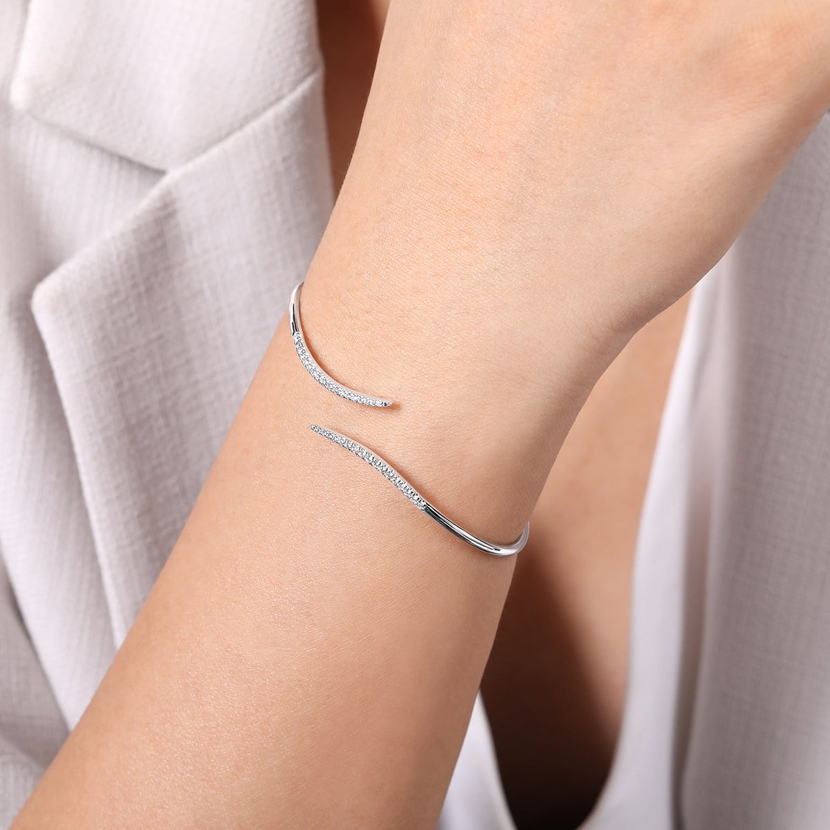 14K White Gold Diamond Bypass Open Bangle — Gabriel & Co. BG3850W45JJ