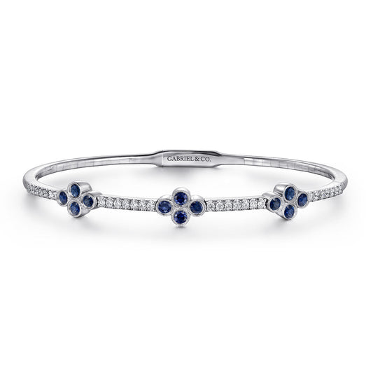 14K White Gold Bangle with Diamond and Sapphire Quatrefoil Stations — Gabriel & Co. BG3969-62W45SA