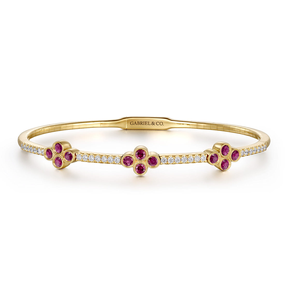 14K Yellow Gold Bangle with Diamond and Ruby Quatrefoil Stations — Gabriel & Co. BG3969-62Y45RA