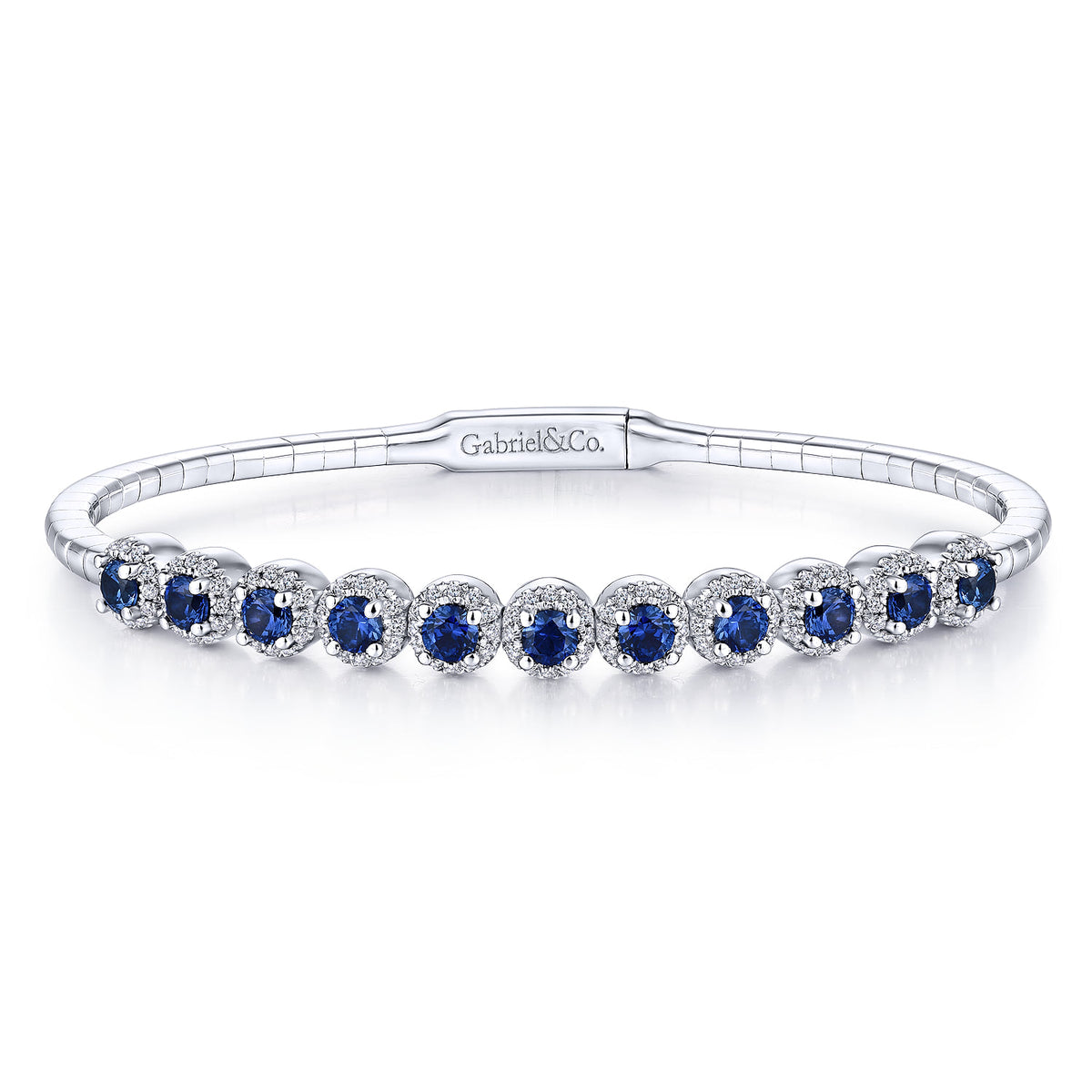 14K White Gold Round Sapphire and Diamond Halo Bangle — Gabriel & Co. BG3980-62W45SA