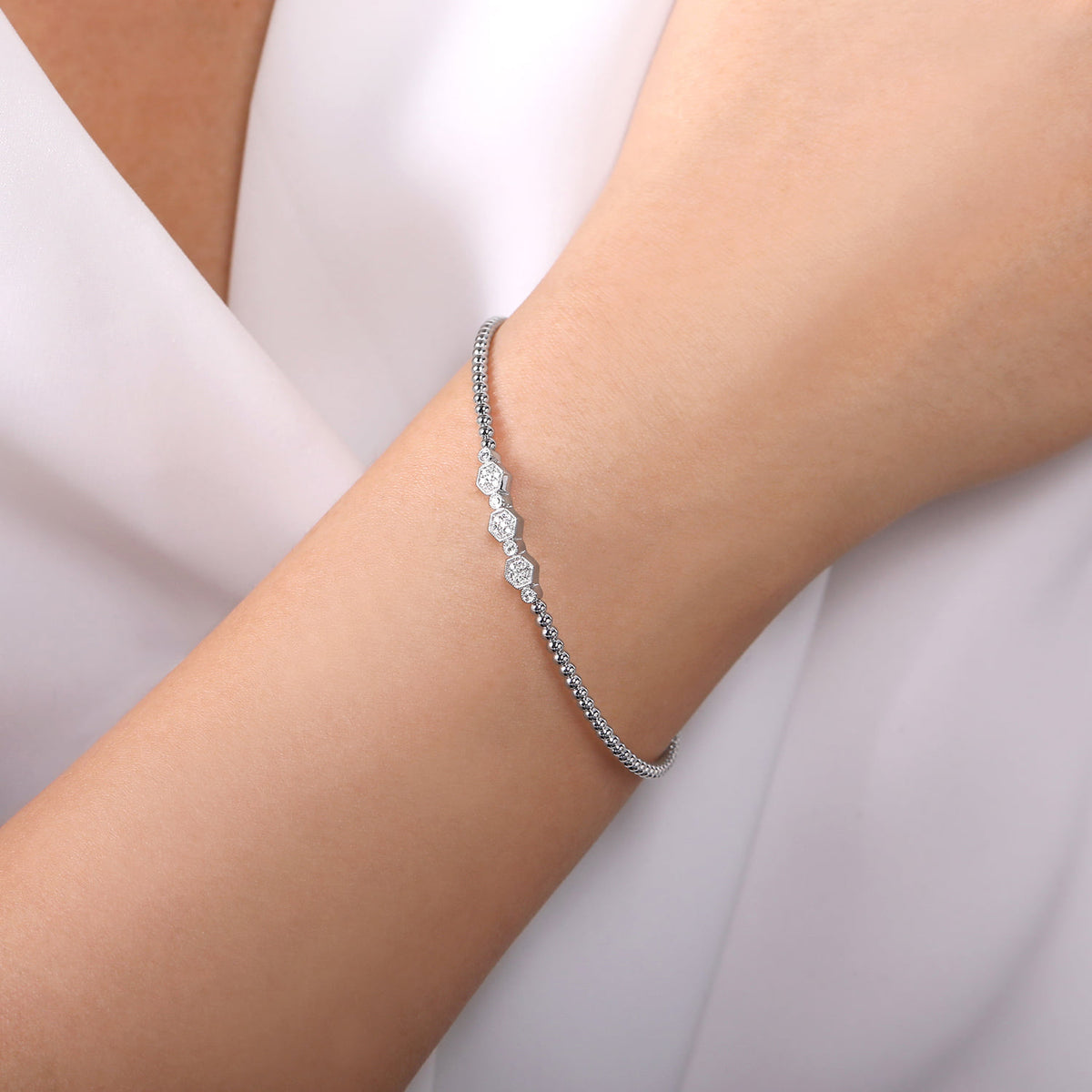 14K White Gold Bujukan Bead and Hexagon Cluster Diamond Bangle — Gabriel & Co. BG4117-6W45JJ