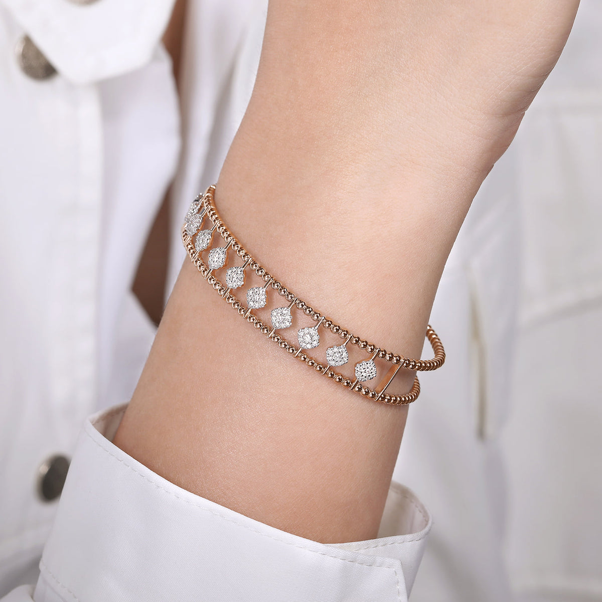 14K Rose Gold Bujukan Bead Cuff Bracelet with Pave Diamond Connectors — Gabriel & Co. BG4232-62K45JJ