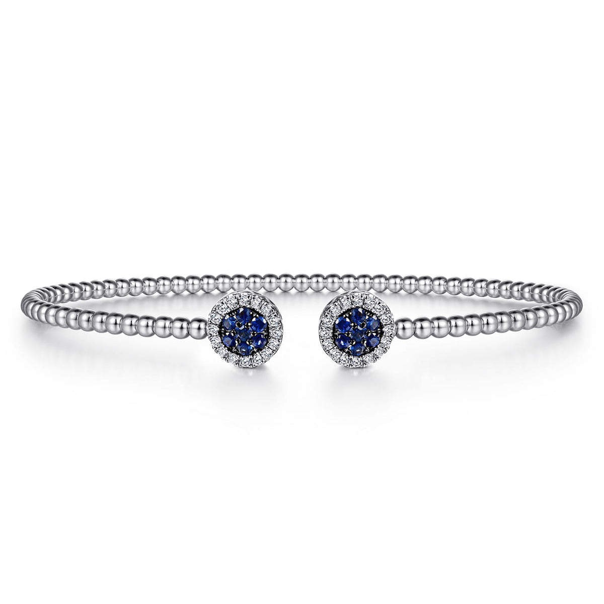 14K White Gold Bujukan Bead Cuff Bracelet with Sapphire and Diamond Halo Caps — Gabriel & Co. BG4244-6W45SA