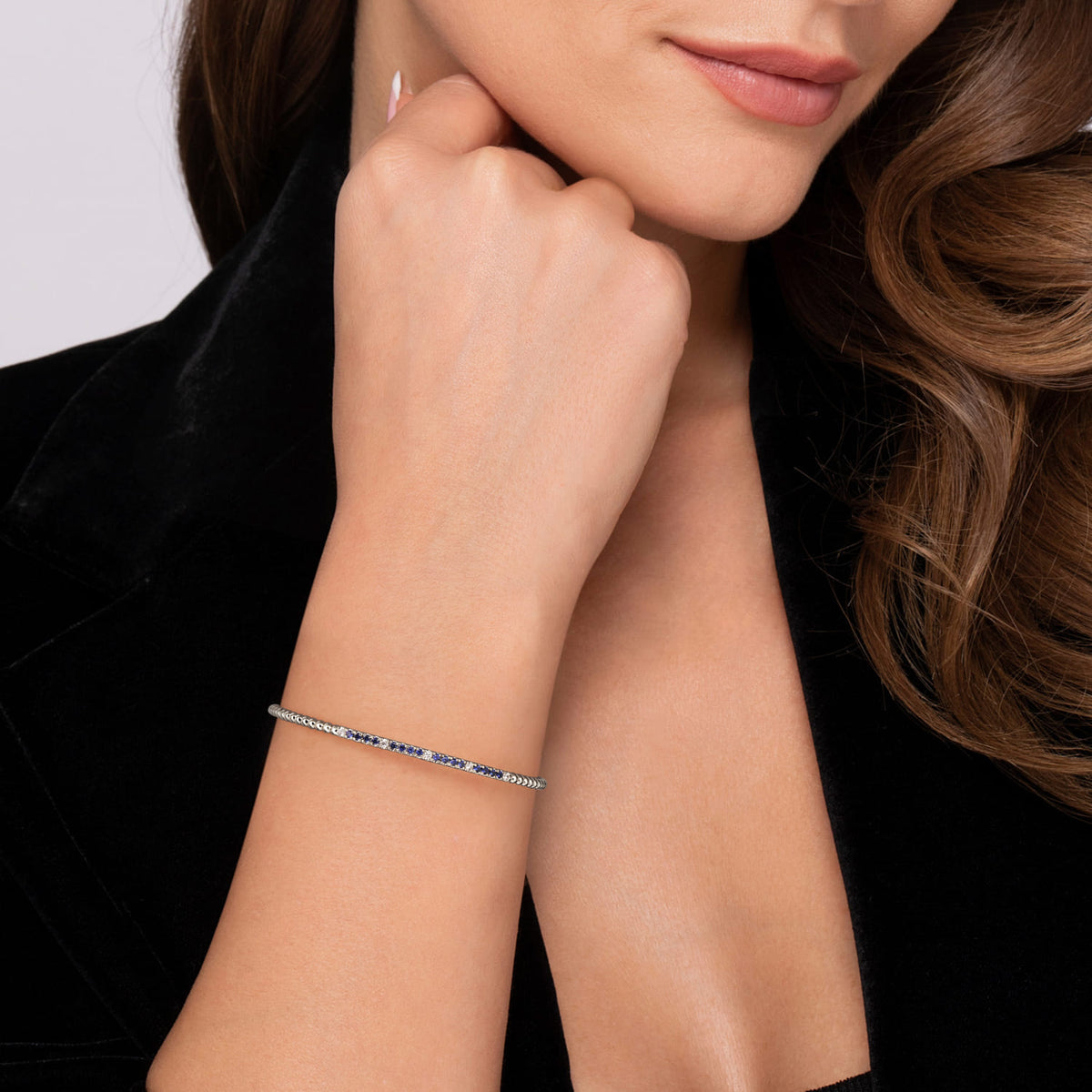 14K White Gold Bujukan Diamond and Blue Sapphire Split Bangle — Gabriel & Co. BG4702-6W45SA