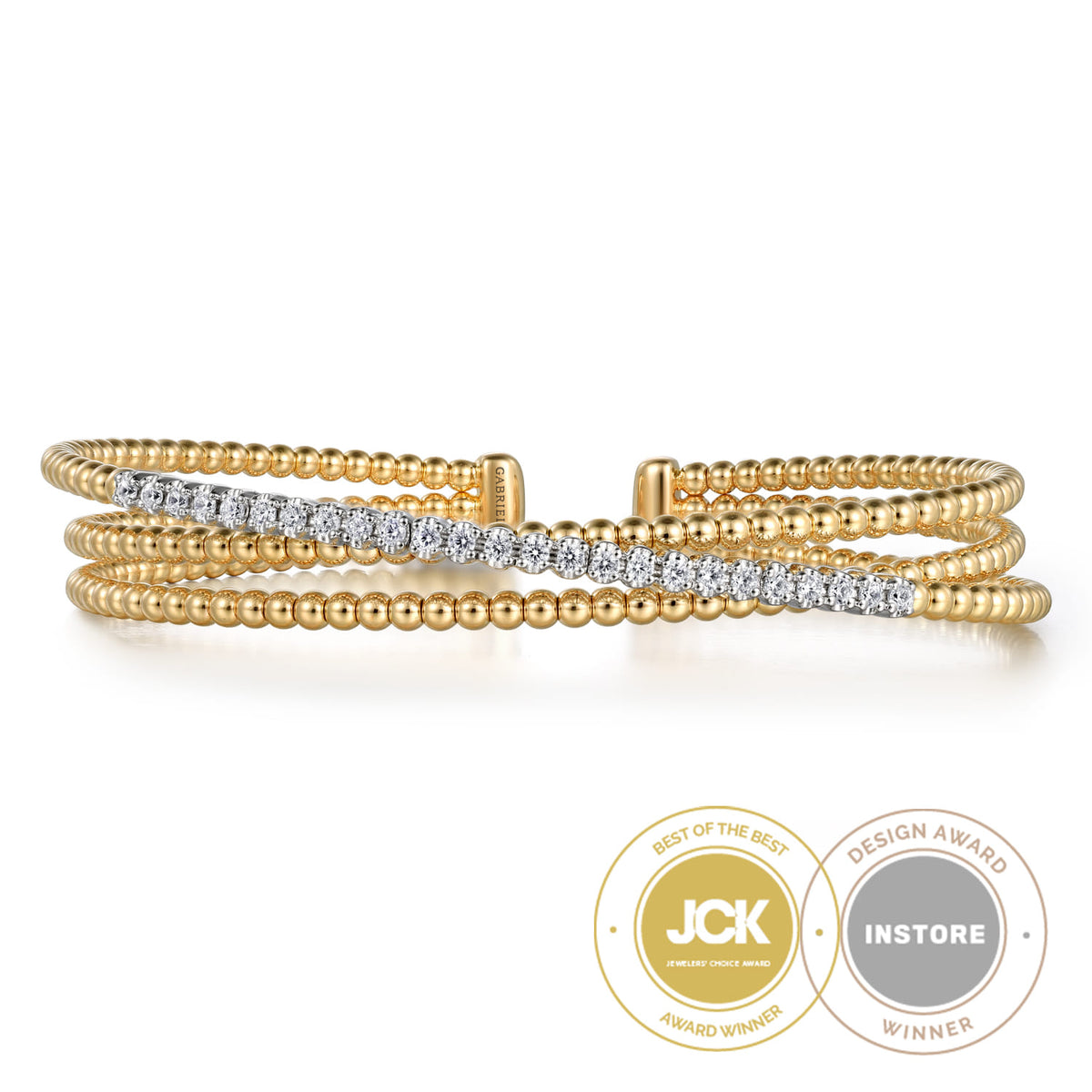 Beaded Bangle Bracelet Cuff 14K White and Yellow Gold Diamond 0.35ct Bujukan — Gabriel & Co. BG4802-62M45JJ