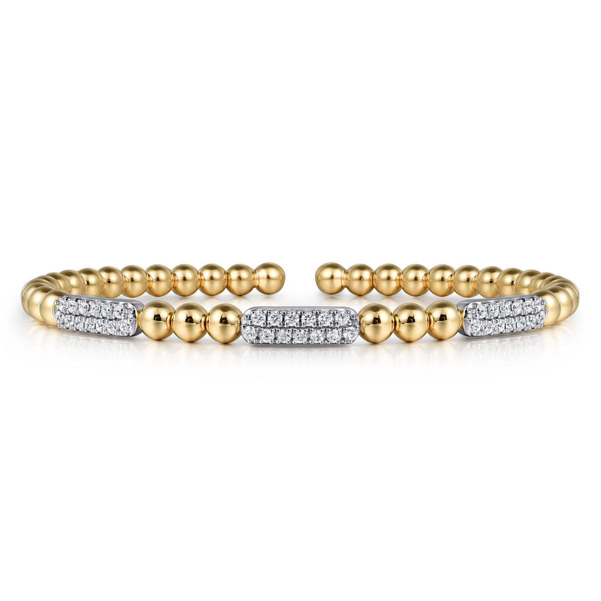 14K White and Yellow Gold Diamond Pavé Three Station Bar Bujukan Beads Split Bangle Bracelet — Gabriel & Co. BG4974-6M45JJ