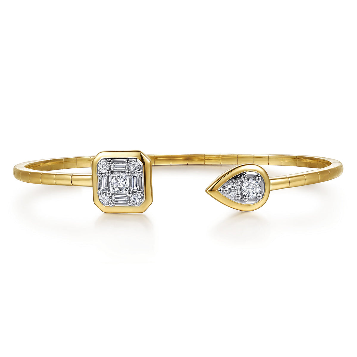 14K White&Yellow Gold Diamond Pear and Cushion Open Bangle Bracelet — Gabriel & Co. BG5325-57M44JJ
