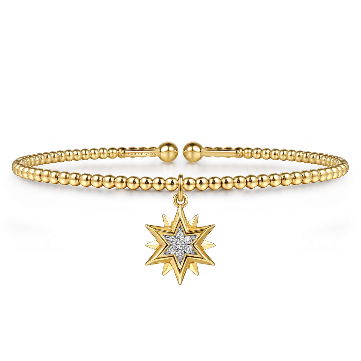 14K Yellow Gold Bujukan Beaded Diamond and Diamond Cut Starburst Charm Cuff Bangle Bracelet — Gabriel & Co. BG5339-57Y45JJ