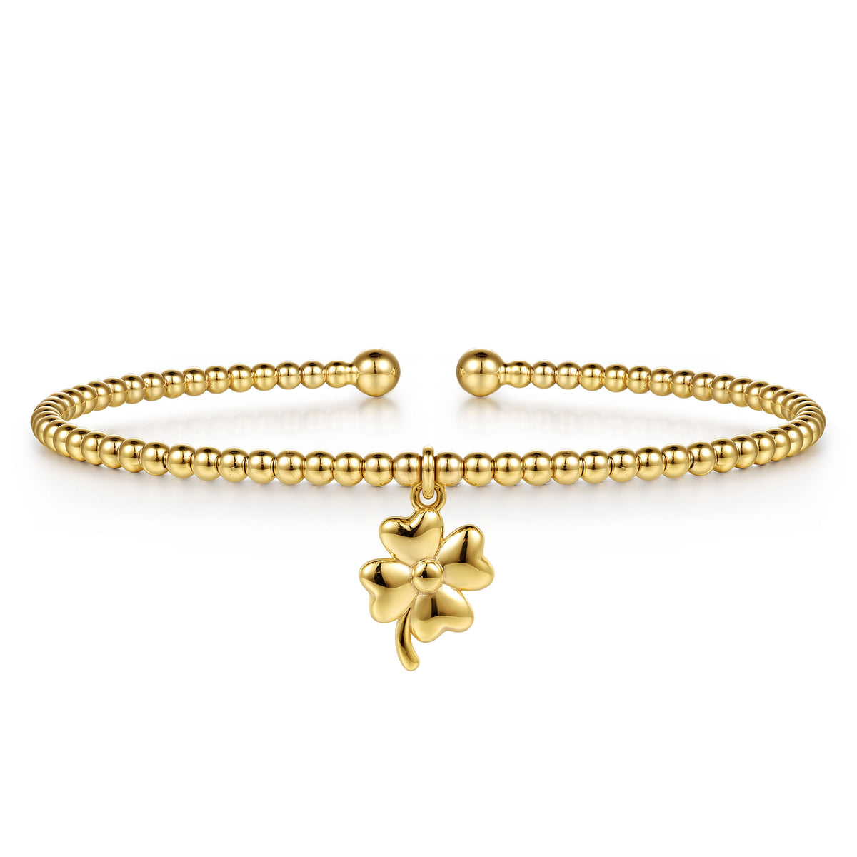 14K Yellow Gold Bujukan Beaded Four Leaf Clover Charm Cuff Bangle Bracelet — Gabriel & Co. BG5342-57Y4JJJ