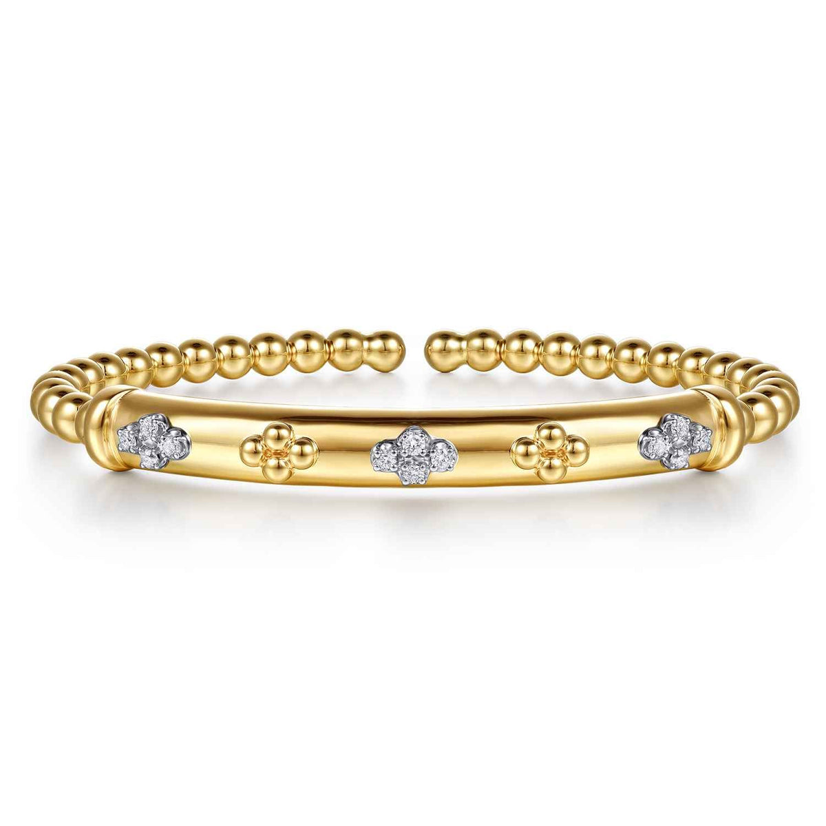 14K White & Yellow Gold Bujukan Beaded and Diamond Clover Cuff Bangle Bracelet — Gabriel & Co. BG5352-57M45JJ
