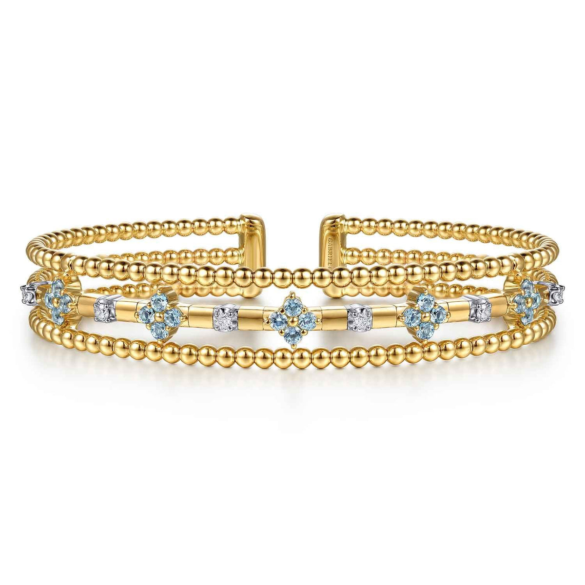 14K White & Yellow Gold Bujukan Beaded Diamond and Blue Topaz Flower Cuff Bangle Bracelet — Gabriel & Co. BG5356-6M45BT