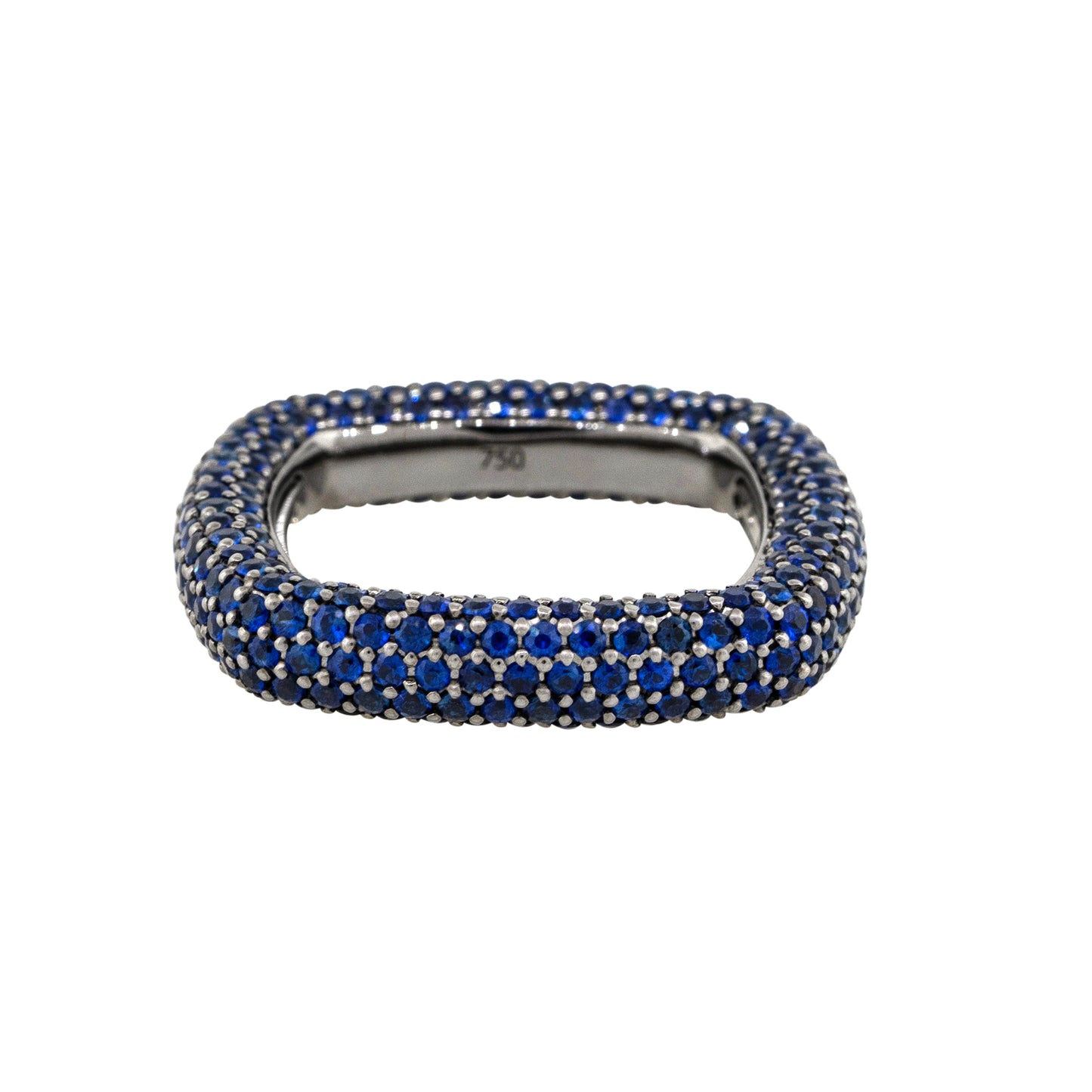 18k Black Gold 4.01ctw Natural Round Cut Blue Sapphire Pave Square Ring