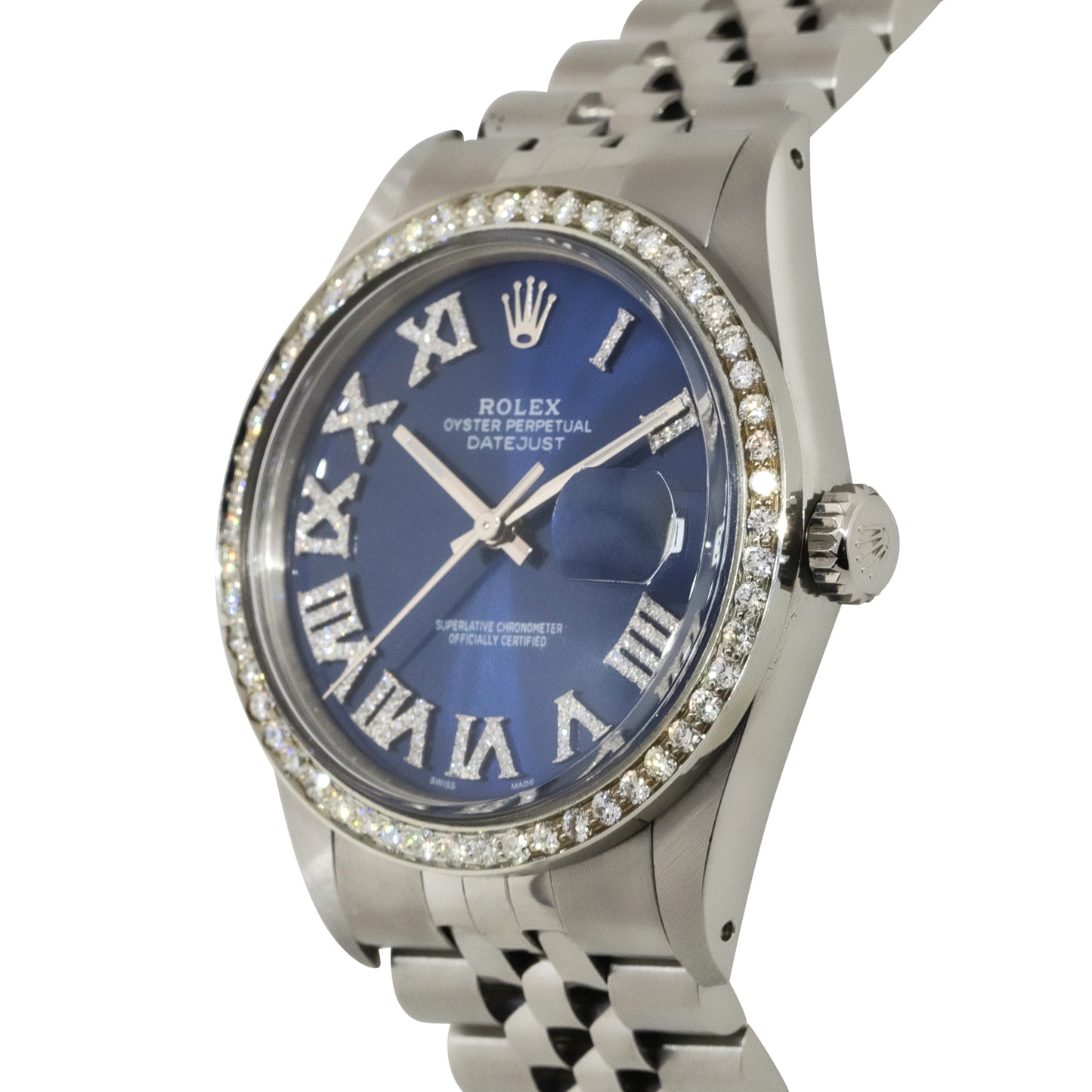 Rolex 16030 Datejust 36mm Stainless Steel Aftermarket Diamond Bezel and Blue Dial Watch