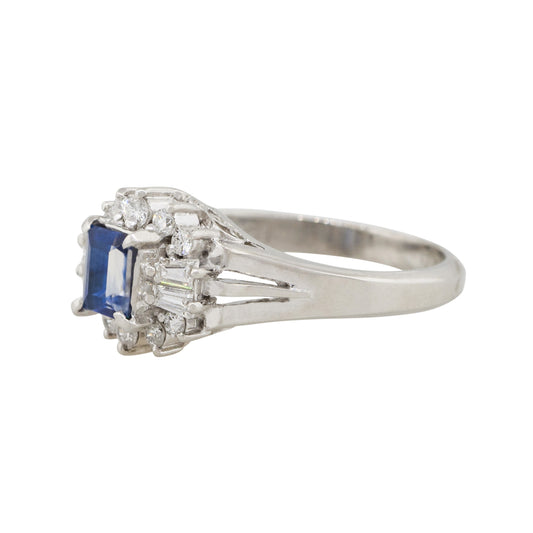 Platinum 0.72ct Square Shape Sapphire Center Diamond Cocktail Ring