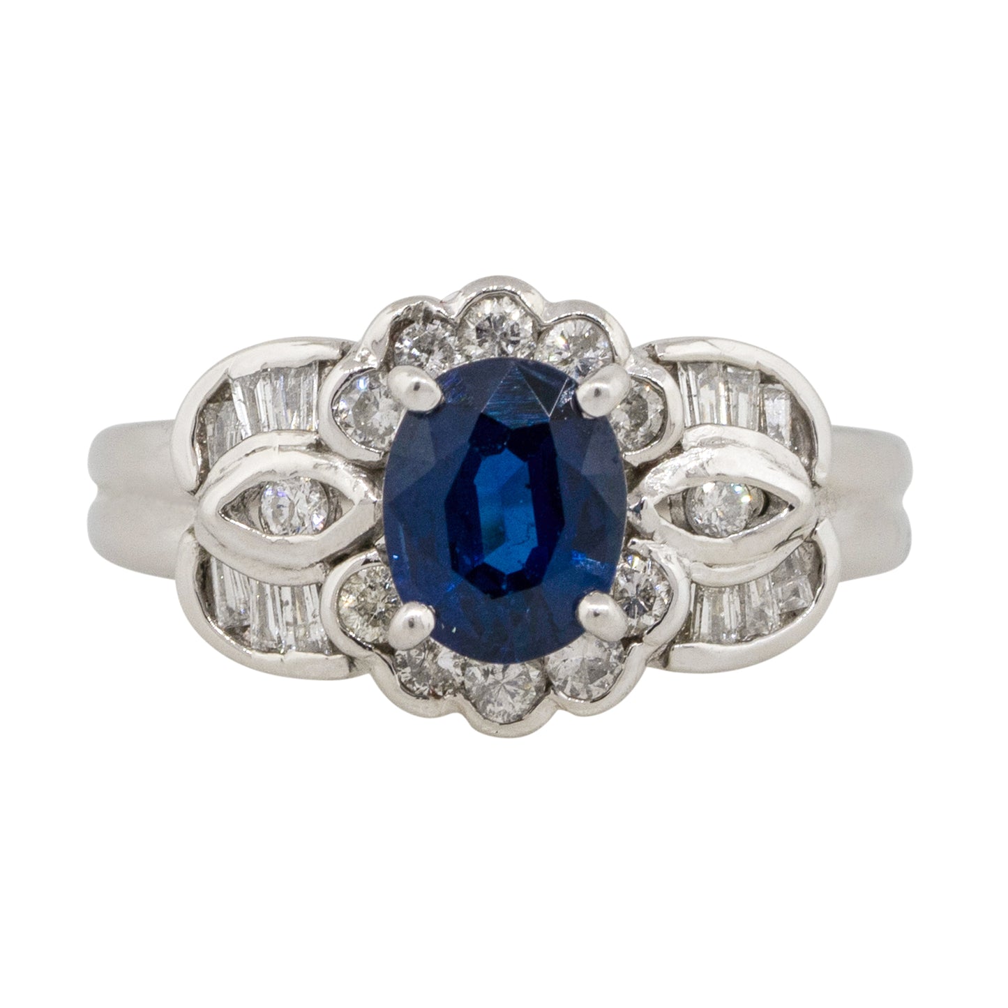 Platinum 1.25ct Oval Sapphire Center 0.47ctw Diamond Cocktail Scalloped Ring
