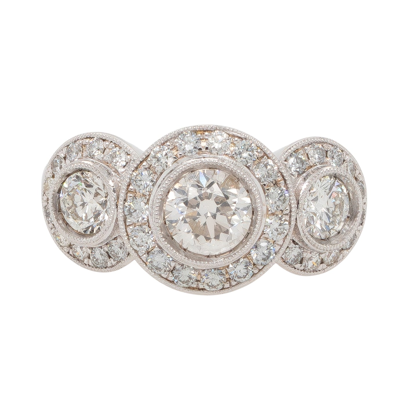 18k White Gold 1.9ctw Three-Stone Diamond Halo Ring