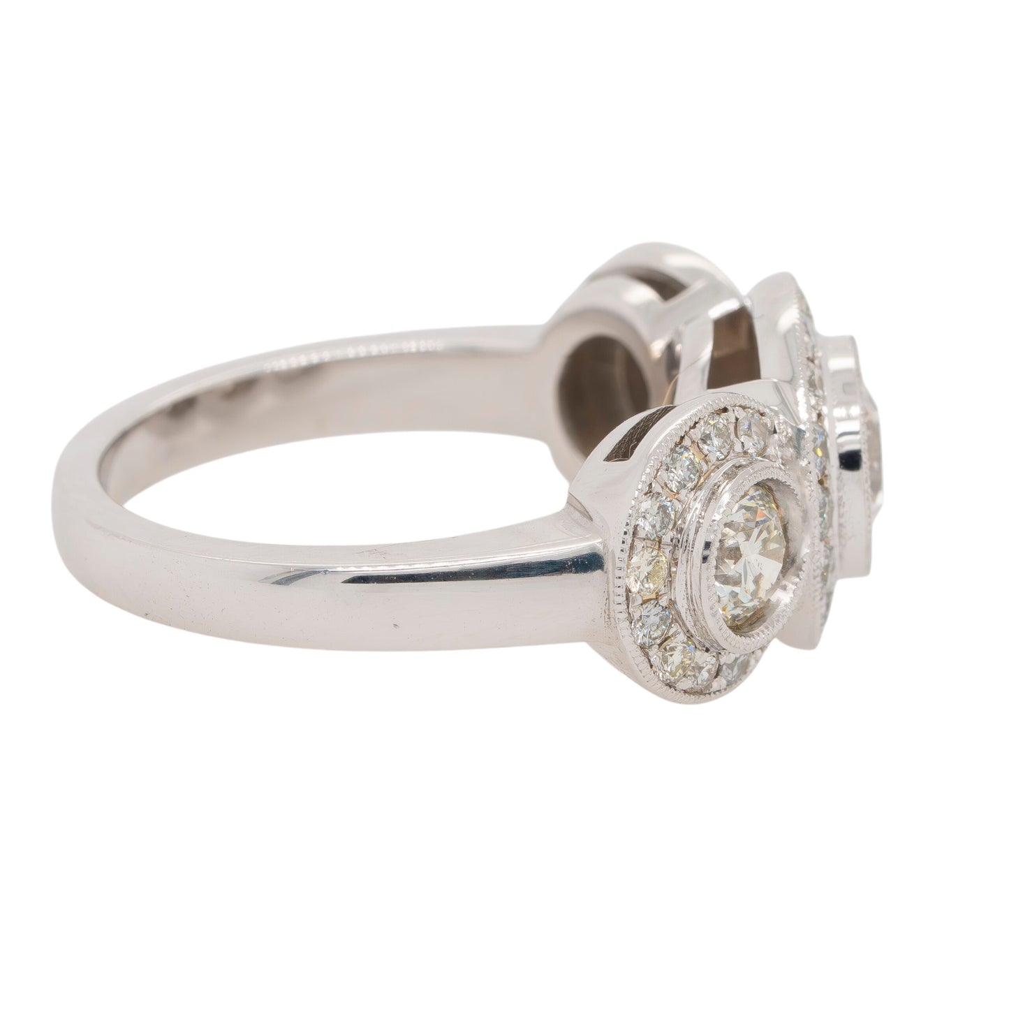 18k White Gold 1.9ctw Three-Stone Diamond Halo Ring