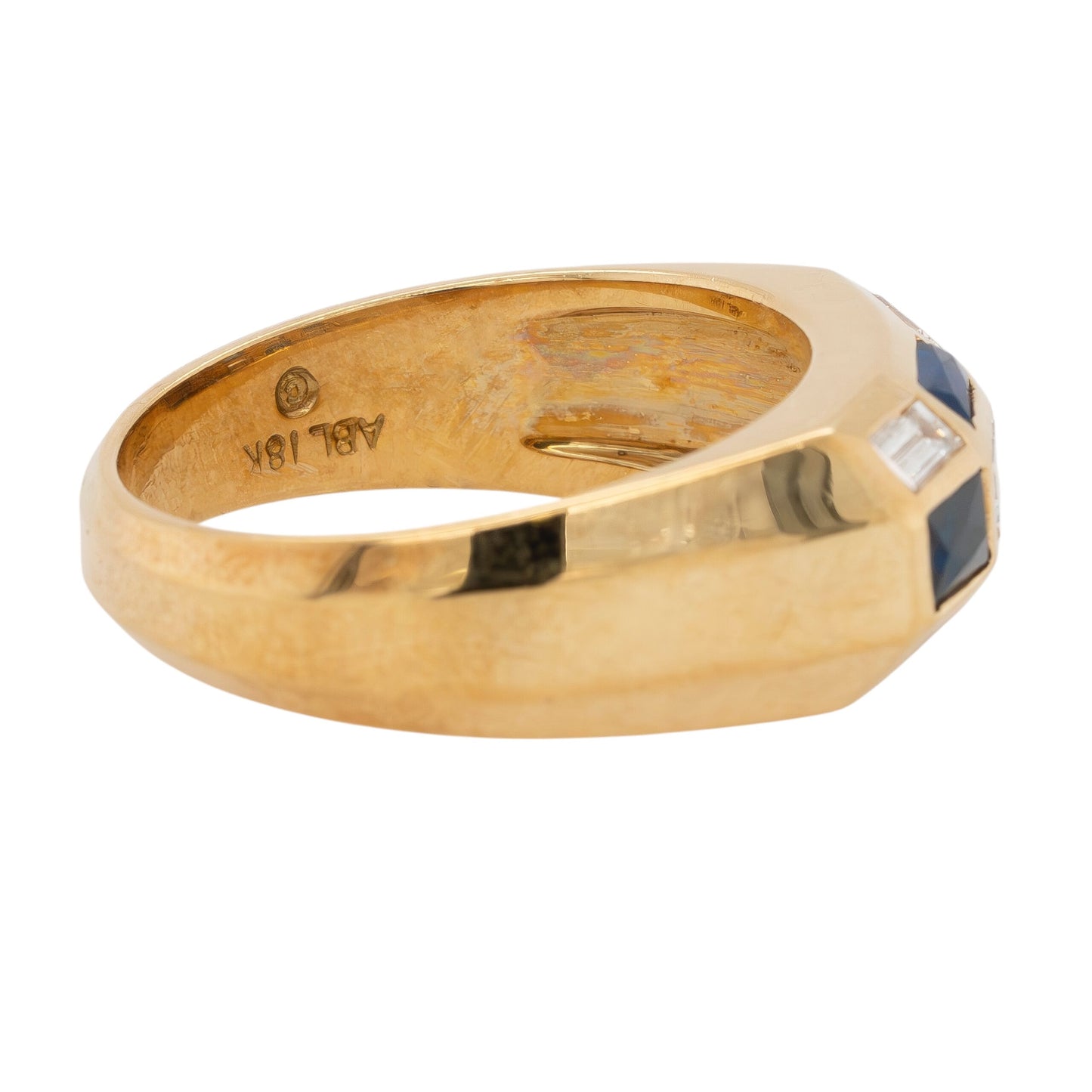 18k Yellow Gold Blue Sapphire and Baguette Diamond Men's Ring