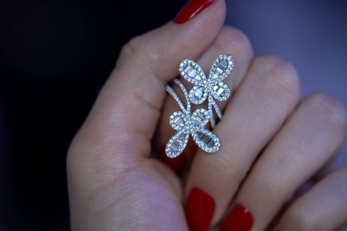 18k White Gold 1.67ct Natural Diamond Double Butterfly Ring