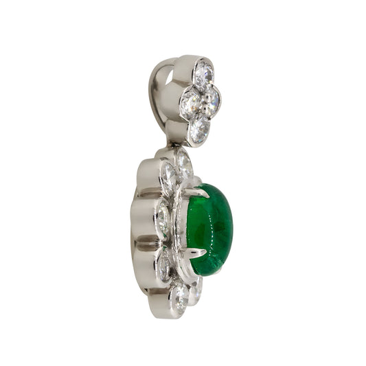Platinum 1.14ct Emerald Cabochon Flower Pendant With Diamonds