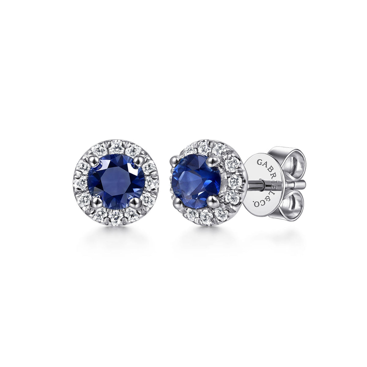 14K White Gold Round Diamond Halo Sapphire Stud Earrings — Gabriel & Co. EG11602W45SA