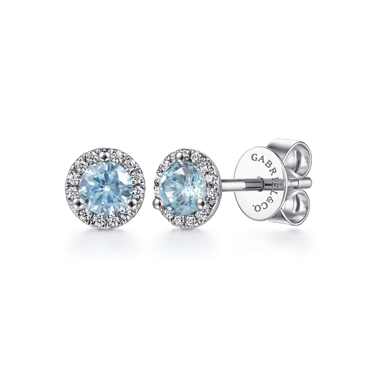14K White Gold Halo Aquamarine and Diamond Stud Earrings — Gabriel & Co. EG12372W45AQ