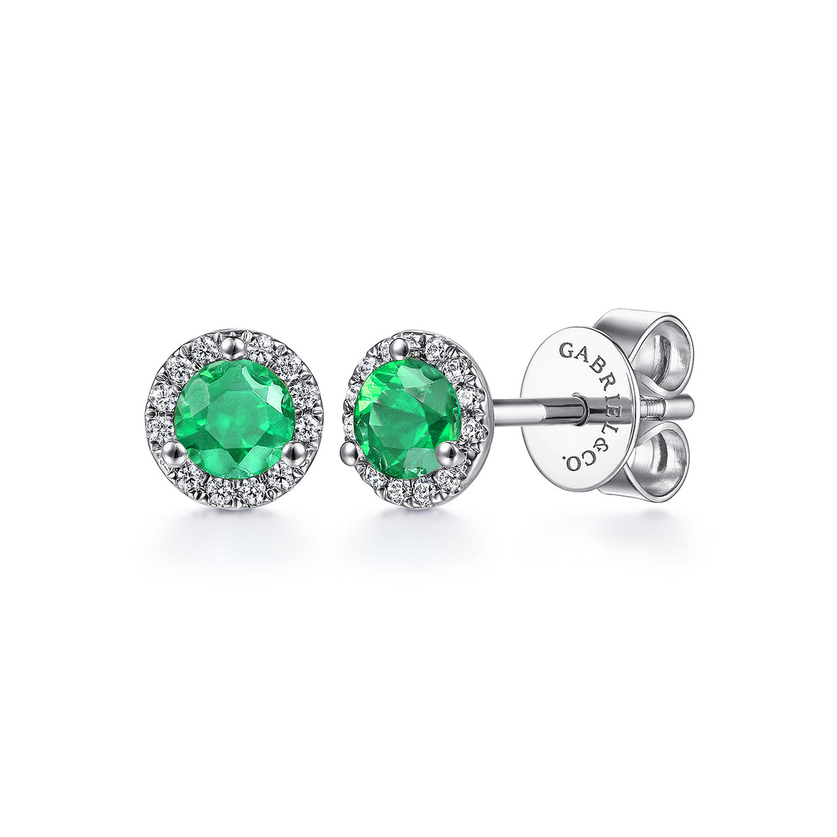 14K White Gold Diamond and Emerald Halo Stud Earrings — Gabriel & Co. EG12372W45EA