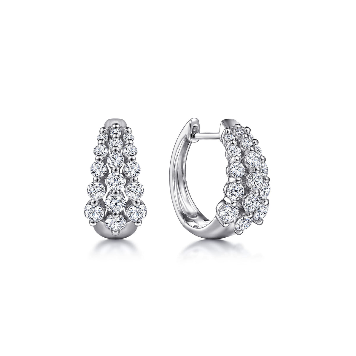 14K White Gold 15mm 3 Row Single Prong Set Graduating Diamond Huggie Earrings — Gabriel & Co. EG14254W45JJ