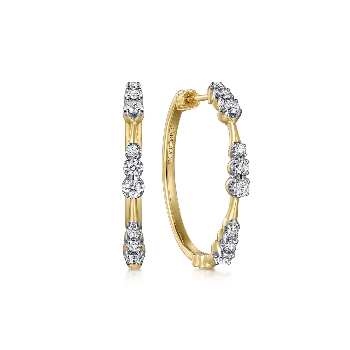 14K Yellow Gold Graduated Diamond Station Round Classic 30mm Hoop Earrings — Gabriel & Co. EG15130Y45JJ
