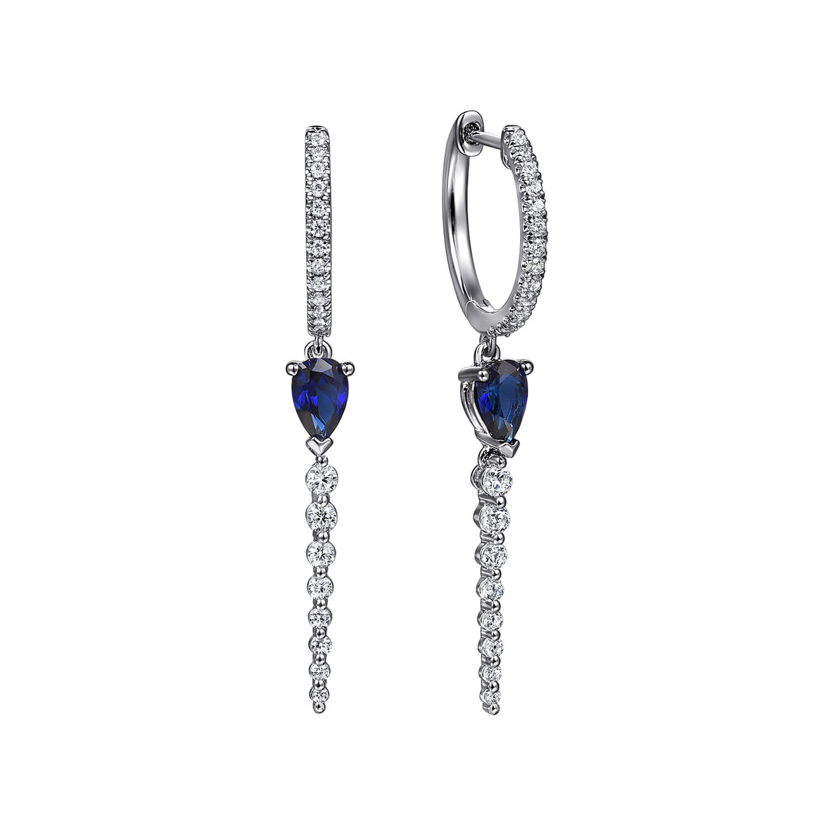 14K White Gold Graduating Diamonds and Blue Sapphire Huggie Drop Earrings — Gabriel & Co. EG15241W45SA