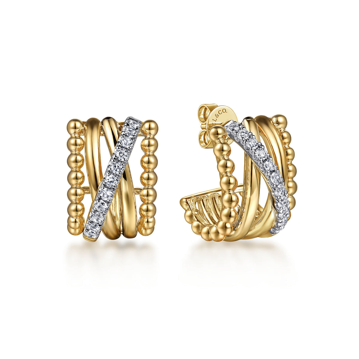 14K Yellow Gold Bujukan Diamond Criss Cross J Hoop Earrings — Gabriel & Co. EG15288Y45JJ