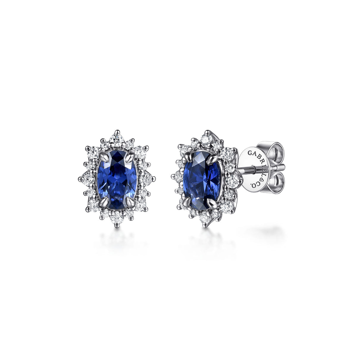 14K White Gold Diamond Halo and Oval Sapphire Classic Stud Earrings — Gabriel & Co. EG15383W45SA