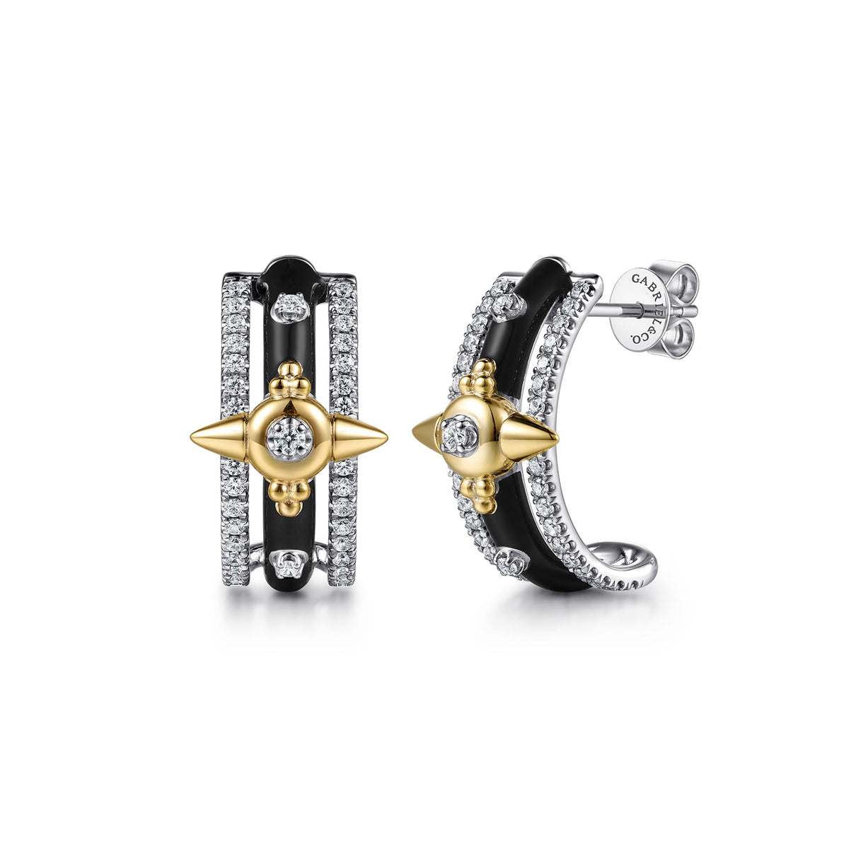 14K White&Yellow Gold Bujukan Diamond Bullet J Hoop Earrings with Black Enamel — Gabriel & Co. EG15635E8M45JJ