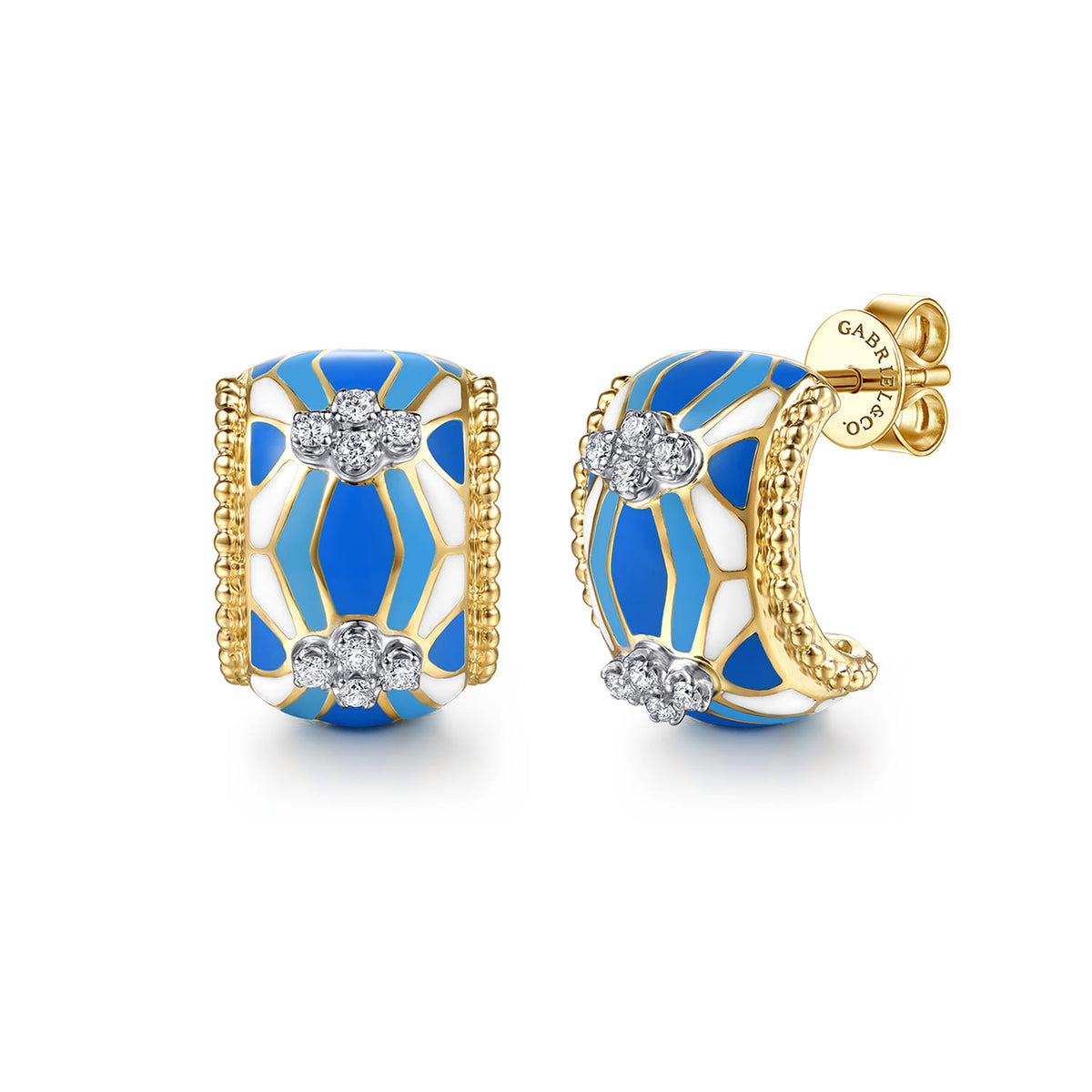 14K White and Yellow Gold Bujukan Diamond J Hoop Earrings with Blue and Dust Blue and White Enamel — Gabriel & Co. EG15640EMM45JJ