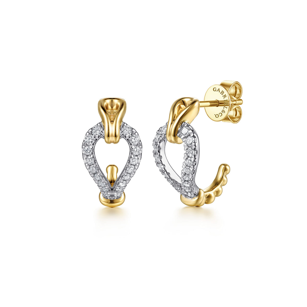 14K White & Yellow Gold Bujukan Graduating Diamond Stirrup J Hoop Earrings — Gabriel & Co. EG15689M45JJ