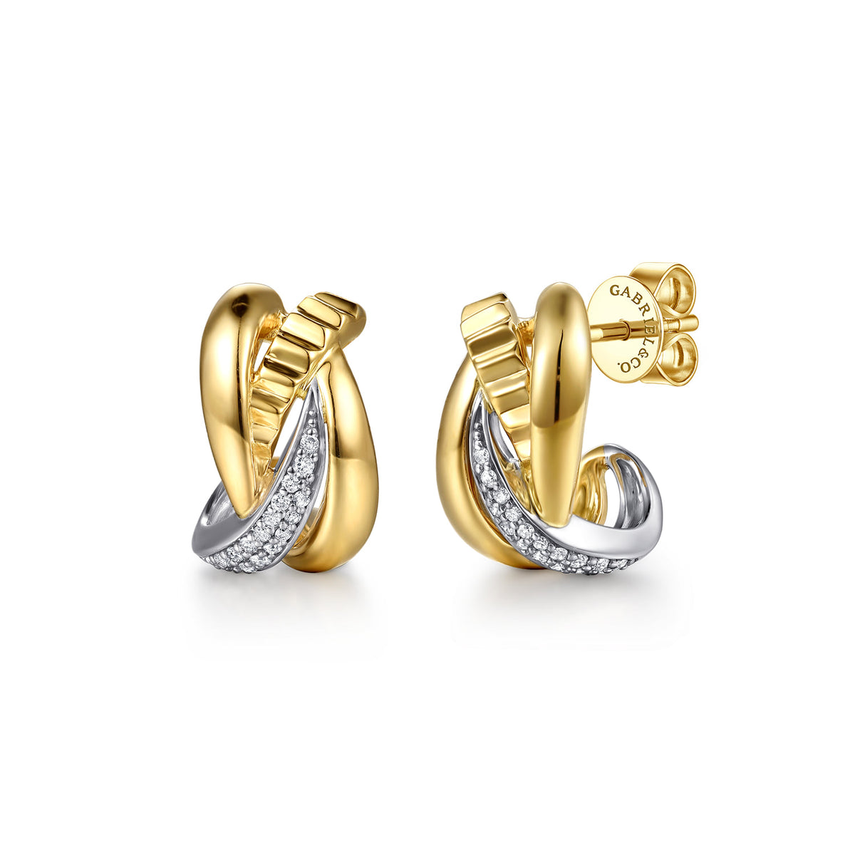 14K White&Yellow Gold Graduating Diamond and Diamond Cut J Hoop Earrings — Gabriel & Co. EG15698M45JJ