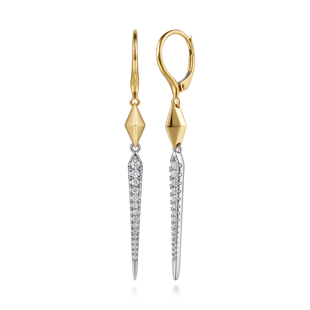 14K White&Yellow Gold Graduating Diamond Spike and Rhombus Shape Leverback Drop Earrings — Gabriel & Co. EG15713M45JJ
