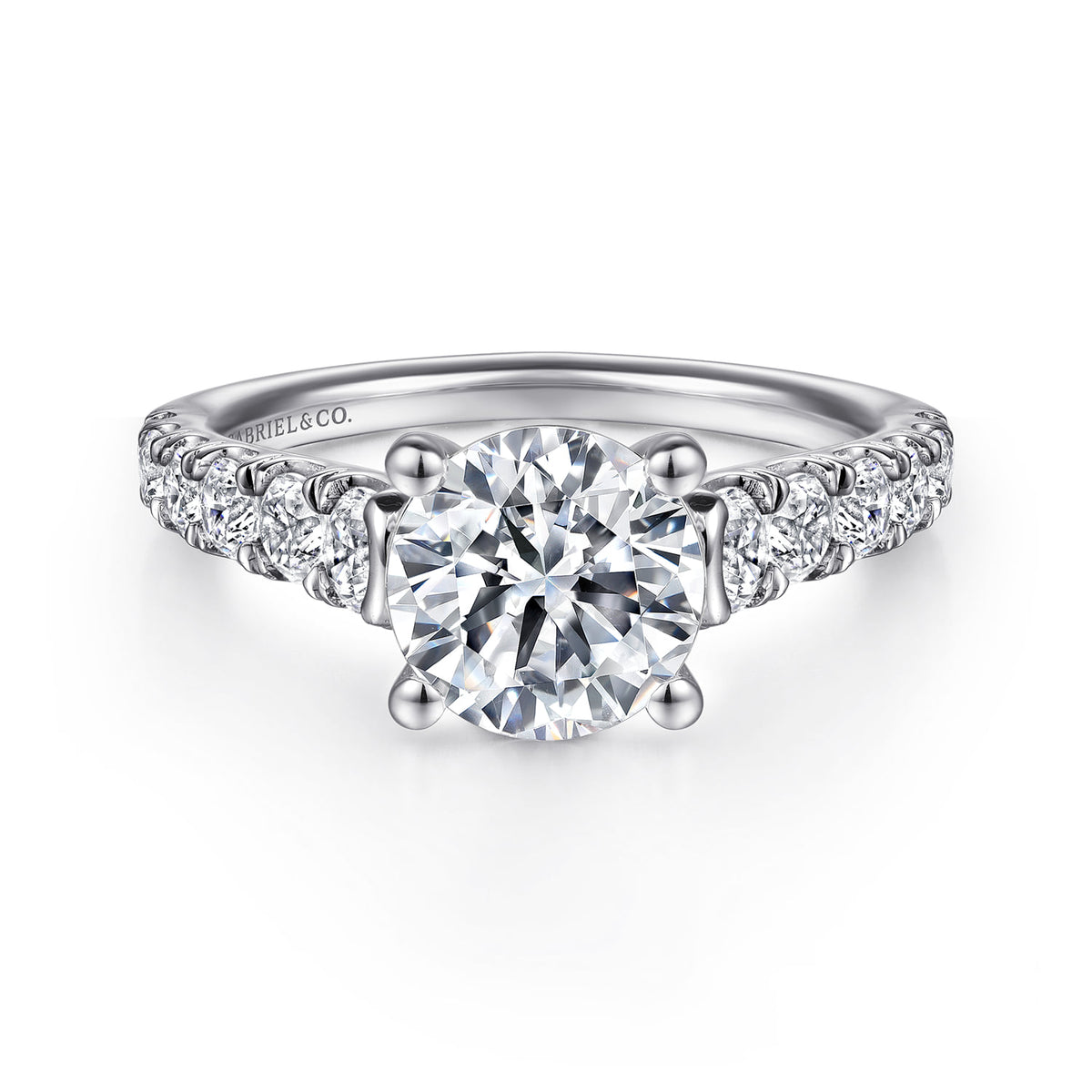 14K White Gold Round Diamond Engagement Ring — Gabriel & Co. ER12299R6W44JJ; center stone shown for illustration, not included