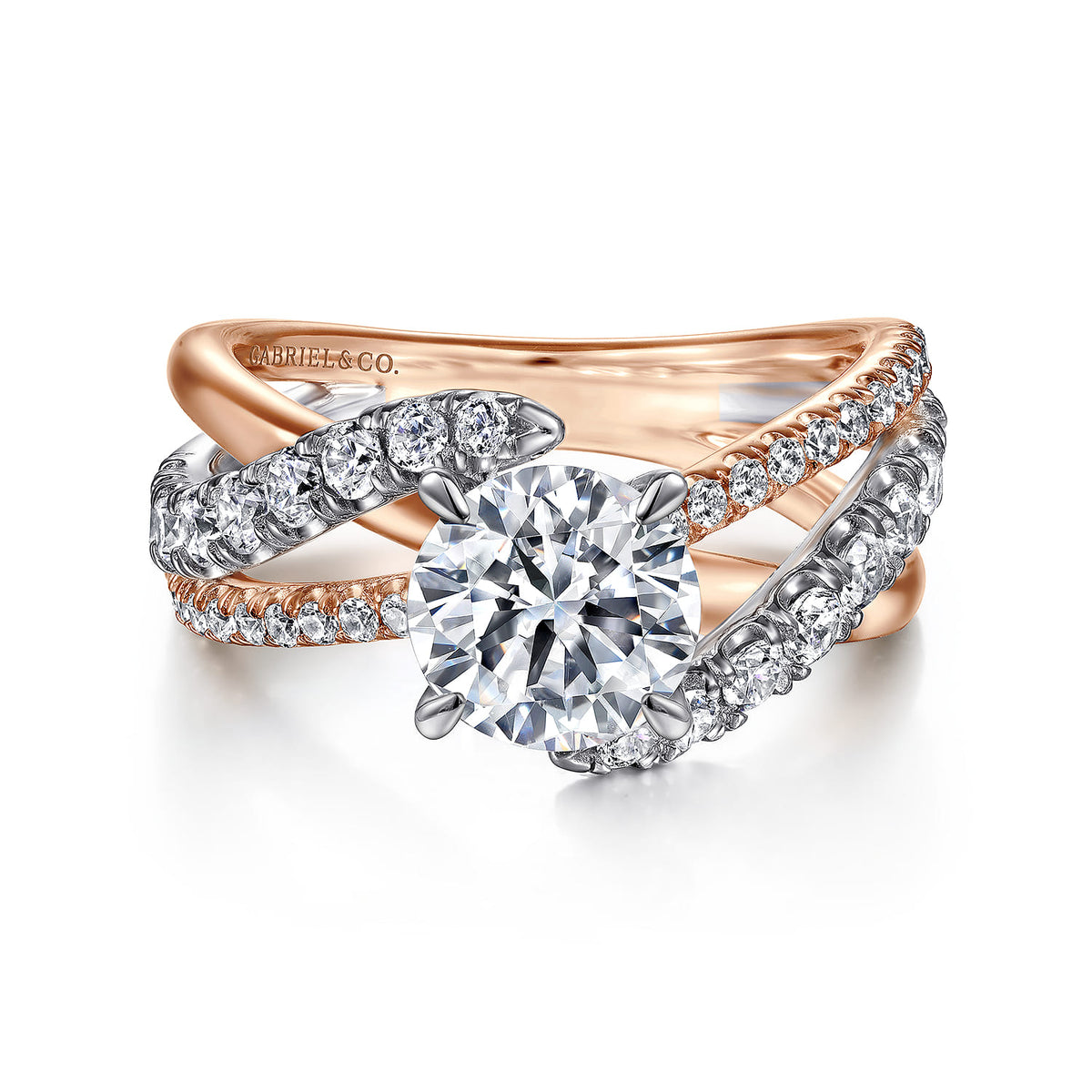 14K White-Rose Gold Round Free Form Diamond Engagement Ring — Gabriel & Co. ER12337R6T44JJ; center stone shown for illustration, not included