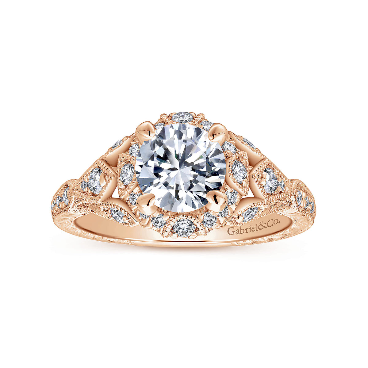 Unique 14K Rose Gold Vintage Inspired Diamond Halo Engagement Ring — Gabriel & Co. ER12579R4K44JJ; center stone shown for illustration, not included