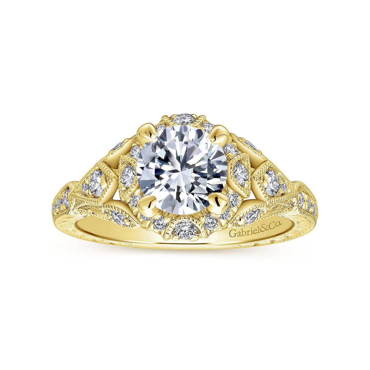 Unique 14K Yellow Gold Vintage Inspired Diamond Halo Engagement Ring — Gabriel & Co. ER12579R4Y44JJ; center stone shown for illustration, not included