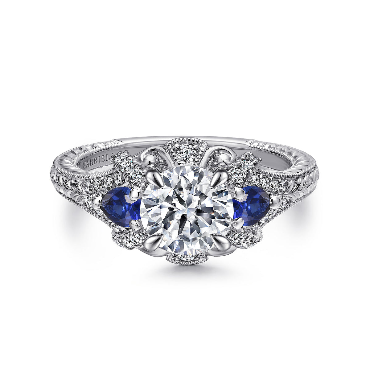 14K White Gold Round Sapphire and Diamond Engagement Ring — Gabriel & Co. ER12582R4W44SA; center stone shown for illustration, not included
