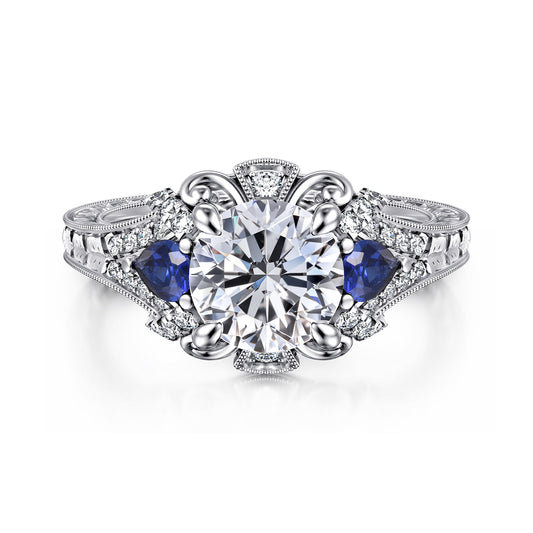 14K White Gold Round Sapphire and Diamond Engagement Ring — ER12582R6W44SA; center stone shown for illustration, not included