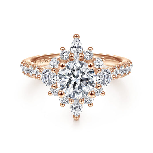 Unique 14K Rose Gold Round Halo Diamond Engagement Ring — Gabriel & Co. ER14450R4K44JJ; center stone shown for illustration, not included