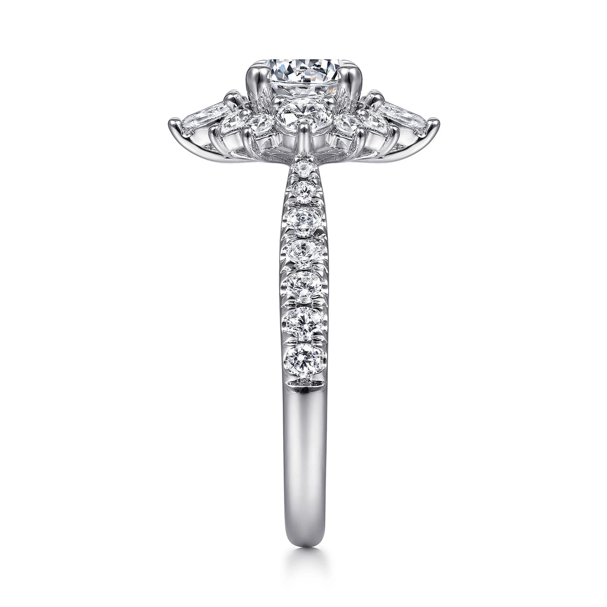 Platinum Unique Round Halo Engagement Ring — Gabriel & Co. ER14450R4PT4JJ; center stone shown for illustration, not included